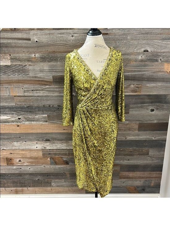 Theia Dresses & Skirts - Theia Green Sequin Mesh Faux Wrap MIDI Dress 3/4 Length Sleeve Size 4 NWT